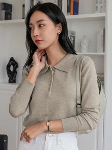 DAZY 1 件女士纯色长袖毛衣，秋季商务休闲风格，长袖上衣，秋季女装 - 灰色 - 查看 4