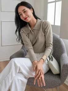 DAZY 1 件女士纯色长袖毛衣，秋季商务休闲风格，长袖上衣，秋季女装 - 灰色 - 查看 7