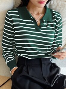 DAZY 条纹图案翻领毛衣、长袖上衣秋季 - 墨綠色 - 查看 4