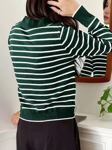 DAZY 条纹图案翻领毛衣、长袖上衣秋季 - 墨綠色 - 查看 2