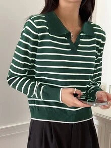 DAZY 条纹图案翻领毛衣、长袖上衣秋季 - 墨綠色 - 查看 3