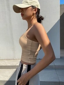DAZY 女式修身褶皱弹力带大领吊带背心，夏季 - 杏色 - 查看 3