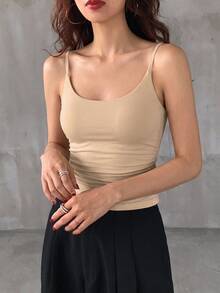 DAZY 女式修身褶皱弹力带大领吊带背心，夏季 - 杏色 - 查看 6