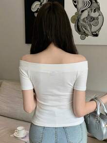DAZY 女款純色露肩落肩短袖修身T恤 夏季夜店聚會 白色 基本款 性感 - 白色 - 查看 5