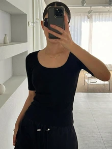 DAZY 女士休闲纯色修身短袖T恤 夏季 - 黑色 - 查看 4