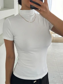 DAZY Women Solid Color Short Sleeve Turtleneck Fitted Undershirt - White - View 3