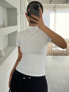 DAZY Women Solid Color Short Sleeve Turtleneck Fitted Undershirt - White - View 5