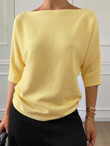 DAZY Women's Solid Color Crew Neck 3/4 Sleeve Casual Elegant Knit Top, Autumn/Winter - Yellow - View 7