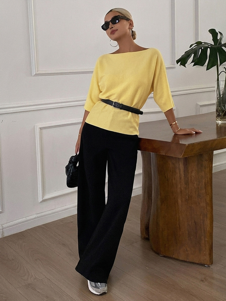 DAZY Women's Solid Color Crew Neck 3/4 Sleeve Casual Elegant Knit Top, Autumn/Winter - Yellow - View 5