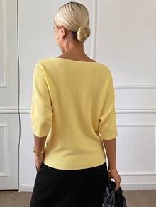 DAZY Women's Solid Color Crew Neck 3/4 Sleeve Casual Elegant Knit Top, Autumn/Winter - Yellow - View 2