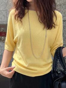 DAZY Women's Solid Color Crew Neck 3/4 Sleeve Casual Elegant Knit Top, Autumn/Winter - Yellow - View 6