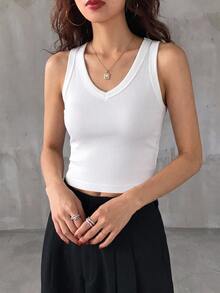 Livesso 女款V領休閒純色修身背心上衣 夏季 - 白色 - 查看 8