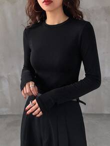 DAZY 休闲纯色圆领修身长袖女式T恤 - 黑色 - 查看 6