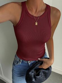 DAZY 女士优雅纯色修身吊带背心，适合秋冬夏季穿着 - 酒紅色 - 查看 4