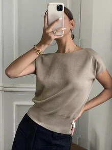 Livesso 女款純色修身短袖針織上衣，夏季教師校園穿搭 - 卡其色 - 查看 8