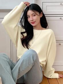 DAZY 女款休閒寬鬆純色不對稱露肩長袖T恤上衣，可愛外出上衣 - 米色 - 查看 6