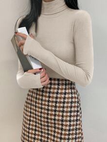 DAZY 女式休闲纯色高领紧身打底 T 恤，秋冬长袖上衣 - 米色 - 查看 4