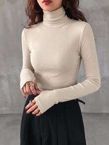 DAZY 女式休闲纯色高领紧身打底 T 恤，秋冬长袖上衣 - 米色 - 查看 6