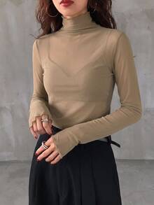DAZY 女士纯色荷叶边高领修身T恤，咖啡棕色，四季皆宜长袖 - 卡其色 - 查看 6