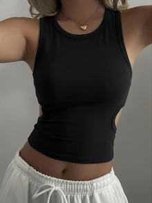 DAZY 女士夏季圆领露背镂空修身短款休闲性感吊带背心 Y2k - 黑色 - 查看 2