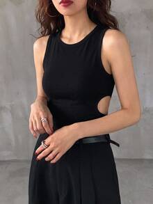 DAZY 女士夏季圆领露背镂空修身短款休闲性感吊带背心 Y2k - 黑色 - 查看 7