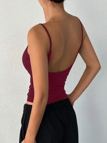 DAZY Camiseta de tirantes ajustada sin espalda de color liso minimalista para mujer, tops de verano Y2k - Burdeos - Ver 5