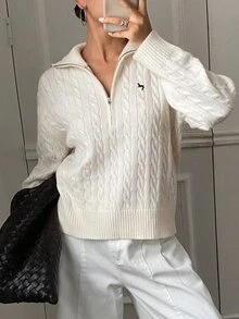 Livesso Áo len dài tay nửa khóa kéo giản dị mới cho nữ, mùa thu - trắng - Xem 6