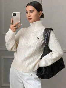 Livesso Áo len dài tay nửa khóa kéo giản dị mới cho nữ, mùa thu - trắng - Xem 5