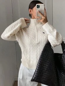 Livesso Áo len dài tay nửa khóa kéo giản dị mới cho nữ, mùa thu - trắng - Xem 8