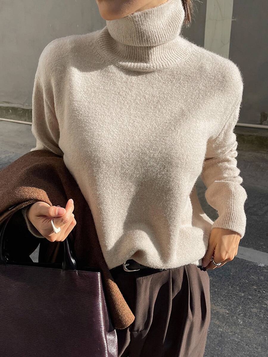 DAZY 女士商务休闲套头高领毛衣，秋季女装 - 米色 - 查看 1