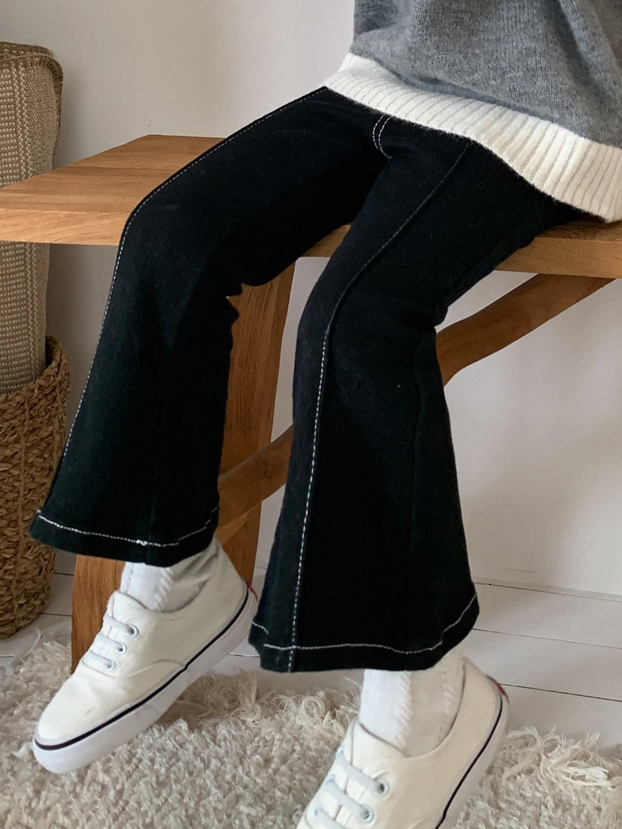 Dazy Kids Young Girl) Colorblock Flare Leg Casual Autumn/Winter Black Solid All-Match Versatile Denim Jeans - Black - View 1