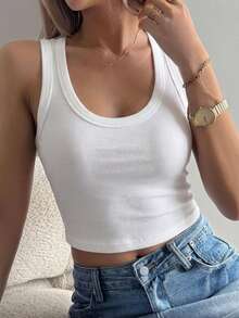 Livesso Women's Round Neck Sleeveless Fitted Solid Color Tank Top - White - View 4