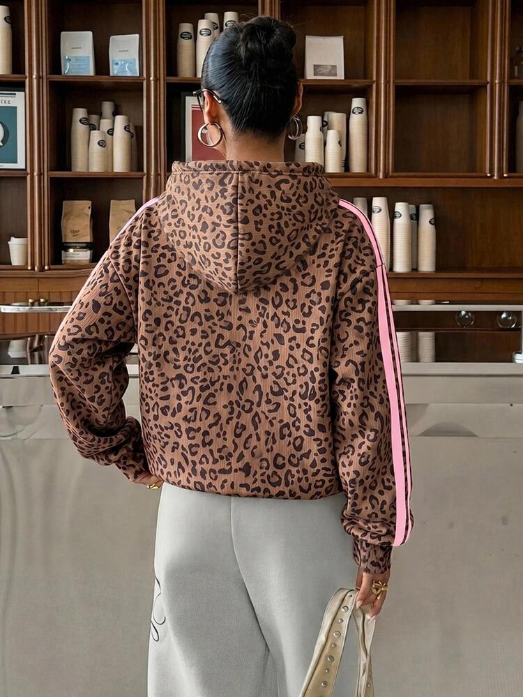 Sparklyn Tween Girls Sweet Cool Leopard Print Pink & Striped Sweatshirt, Cozy Utumn/Winter Outfit, Casual, Knit, Loose,  Vintage,Back To School ,1 Random Piece - Multicolor - View 2