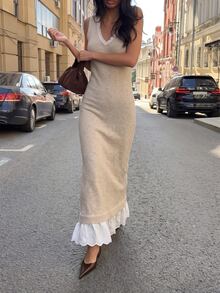 Yunfilé Women Sleeveless V‑Neck Knit Dress, Lace Ruffle Hem Patchwork Casual Elegant Long Sweater Dress For Daily Office - Apricot - View 6