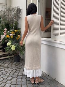 Yunfilé Women Sleeveless V‑Neck Knit Dress, Lace Ruffle Hem Patchwork Casual Elegant Long Sweater Dress For Daily Office - Apricot - View 5