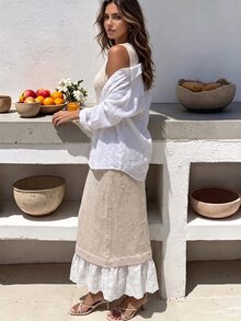 Yunfilé Women Sleeveless V‑Neck Knit Dress, Lace Ruffle Hem Patchwork Casual Elegant Long Sweater Dress For Daily Office - Apricot - View 10