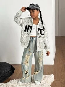 青少年女孩休閒舒適連帽衛衣，寬鬆針織上衣，復古豹紋印花，秋冬開學穿搭 - 彩色 - 查看 3