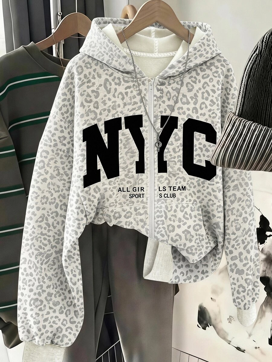 青少年女孩休閒舒適連帽衛衣,寬鬆針織上衣,復古豹紋印花,秋冬開學穿搭 - 彩色 - 查看 1