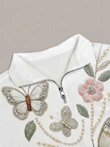 青少年女孩秋冬休閒時尚針織短版寬鬆衛衣，仿刺繡花卉蝴蝶圖案，開學穿搭，隨機發貨 1 款 - 彩色 - 查看 4