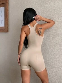 Dewbera Dewbera Women's Solid Color Ribbed Casual Tank Top Romper - Khaki - View 4