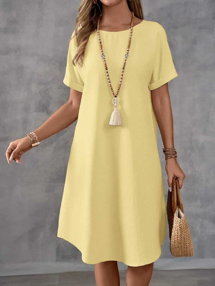 EMERY ROSE Women's Solid Color Short Sleeve Dress, Fashionable For Summer,Summer Dresses For Women - Yellow - View 2