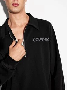 Colvenic 男士字母印花長袖半拉鍊套頭運動衫 - 黑色 - 查看 2