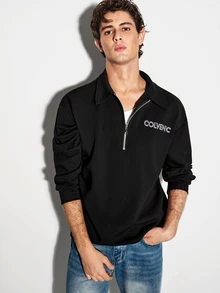 Colvenic 男士字母印花長袖半拉鍊套頭運動衫 - 黑色 - 查看 5