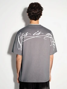 COLVENIC Dark Gray Loose Short Sleeve T-Shirt For Men, Front Chest Handwritten Signature Small Print, Back Multiple Rows Handwritten Font, Pure Cotton Drop Shoulder Half Sleeve - Grey - View 3