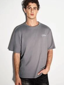 COLVENIC Dark Gray Loose Short Sleeve T-Shirt For Men, Front Chest Handwritten Signature Small Print, Back Multiple Rows Handwritten Font, Pure Cotton Drop Shoulder Half Sleeve - Grey - View 6