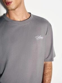 COLVENIC Dark Gray Loose Short Sleeve T-Shirt For Men, Front Chest Handwritten Signature Small Print, Back Multiple Rows Handwritten Font, Pure Cotton Drop Shoulder Half Sleeve - Grey - View 2