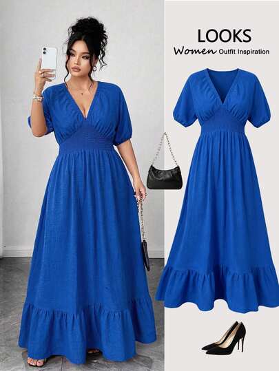Elenzga Plus Size Women's V-Neck Short Sleeve A-Line Elegant Dress, Suitable For Daily Life, Casual Vacation Style, Dating And Party