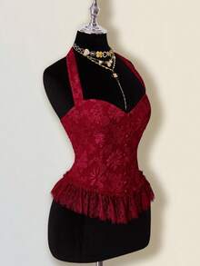 SHEIN ICON Women's Elegant Wine Red Halter Corset-Style Top, Featuring Exquisite Floral Jacquard Pattern And Delicate Lace Ruffle Hem For Nights Out. - Red - View 6