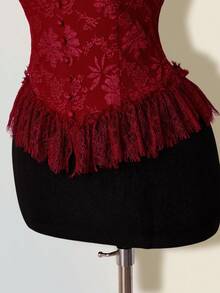 SHEIN ICON Women's Elegant Wine Red Halter Corset-Style Top, Featuring Exquisite Floral Jacquard Pattern And Delicate Lace Ruffle Hem For Nights Out. - Red - View 5