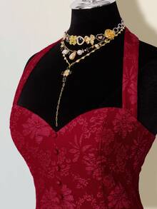 SHEIN ICON Women's Elegant Wine Red Halter Corset-Style Top, Featuring Exquisite Floral Jacquard Pattern And Delicate Lace Ruffle Hem For Nights Out. - Red - View 4